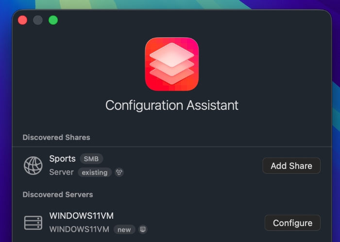 Configuration Assistant listing discovered shares and servers
