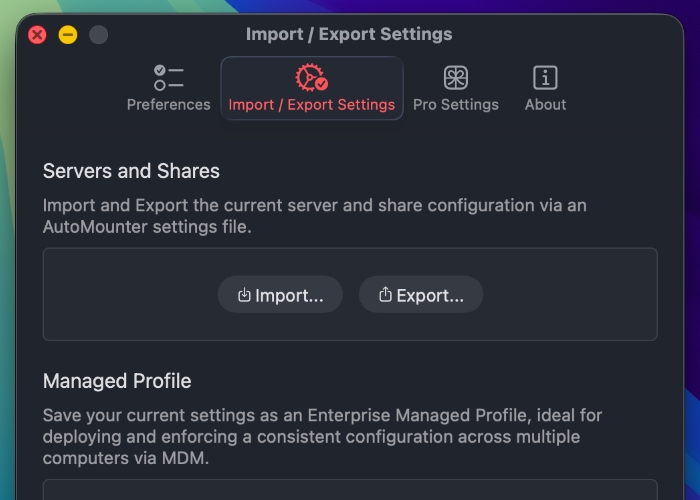 Import and export settings
