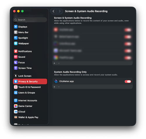 macOS Privacy & Security settings showing OtoMeter enabled under System Audio Recording Only